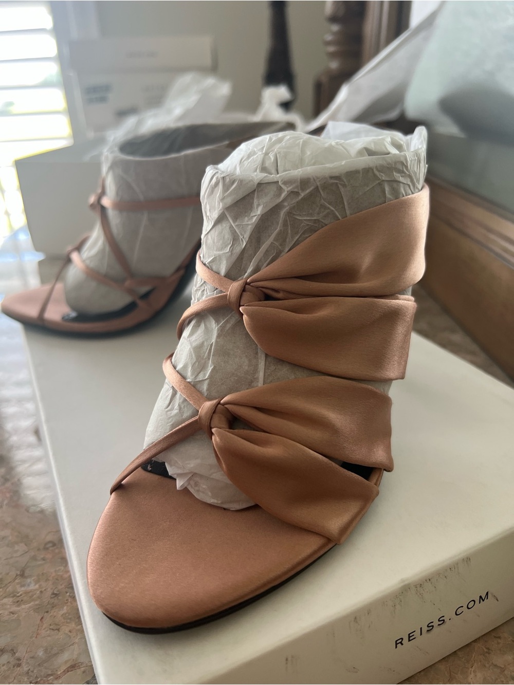 Reiss Rose Gold Satin Bow Slide Heels - Picture 6 of 9